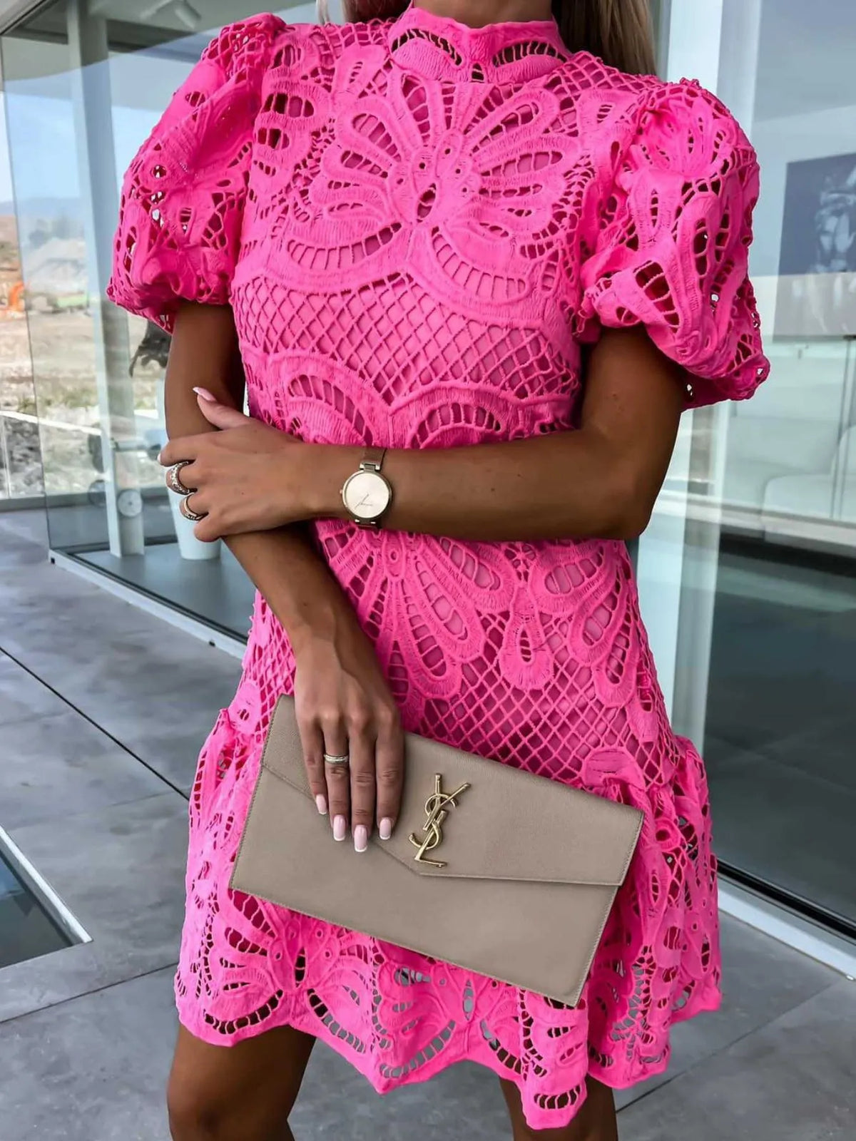 Selene Lace Mock Neck Puff Sleeve Dress — view 4