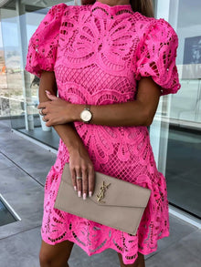 Selene Lace Mock Neck Puff Sleeve Dress — thumbnail 4