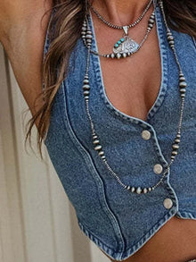 Artemis Buttoned V-Neck Denim Top — thumbnail 9