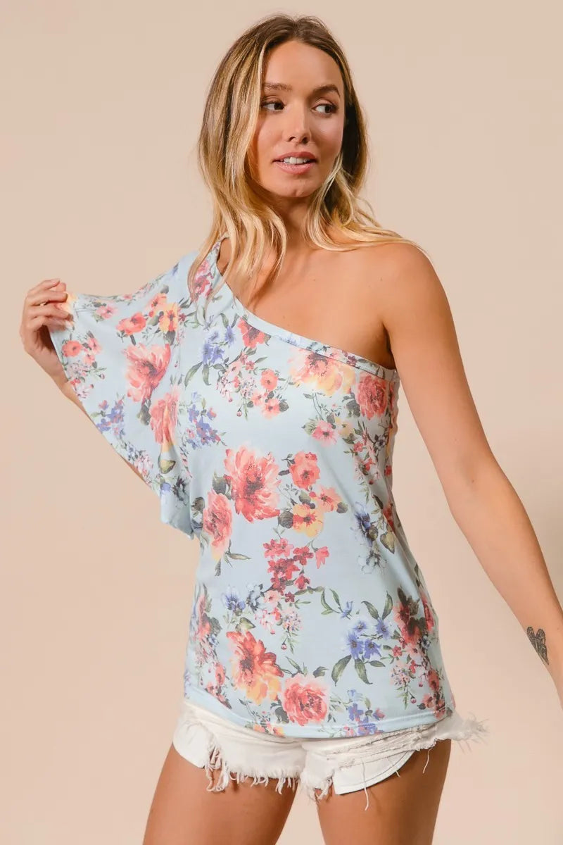 Olwen Floral Printed Jersey Knit Ruffle Sleeve Top — view 8