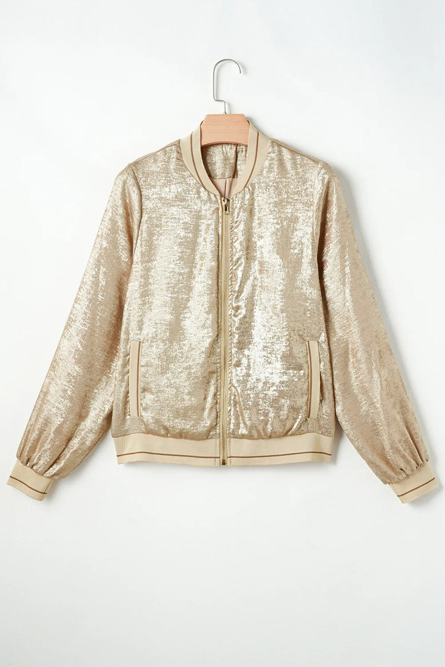 Durga Baseball Collar Zip Up Long Sleeve Jacket styled in the studio
