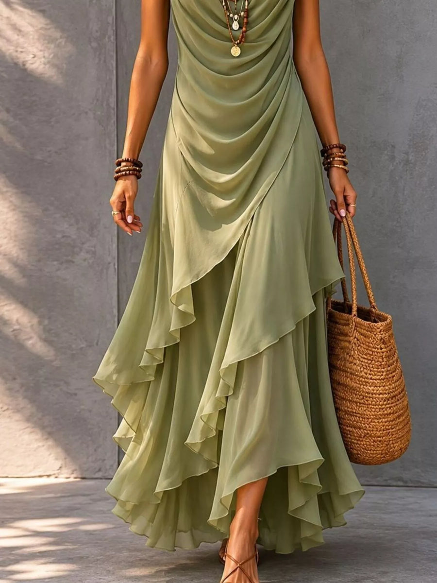Ishtar Sleeveless Layered Ruffle Hem Maxi Dress styled in the studio