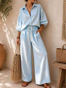 Gaia Striped Puff Sleeve Shirt and Wide-Leg Drawstring Pants Set — thumbnail 10
