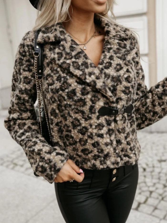Durga Fuzzy Animal Print Collared Neck Coat