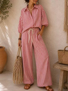 Gaia Striped Puff Sleeve Shirt and Wide-Leg Drawstring Pants Set — thumbnail 7