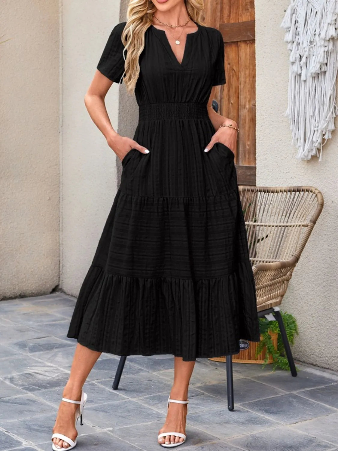 Sekhmet Tiered Notched Short Sleeve Dress — view 10