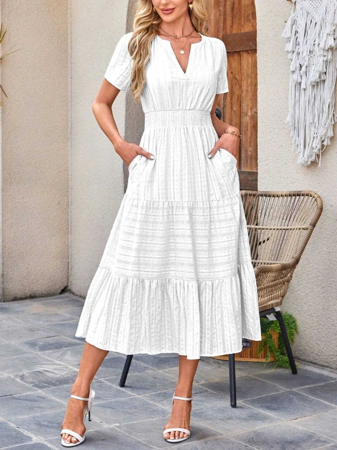 Sekhmet Tiered Notched Short Sleeve Dress — view 13