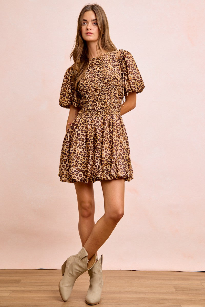 Fortuna Leopard Bow Tie Attachable Puff Sleeves Dress — view 16