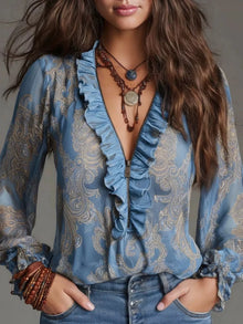 Rhiannon Paisley Print Ruffle Trim Zip-Front Blouse — thumbnail 9