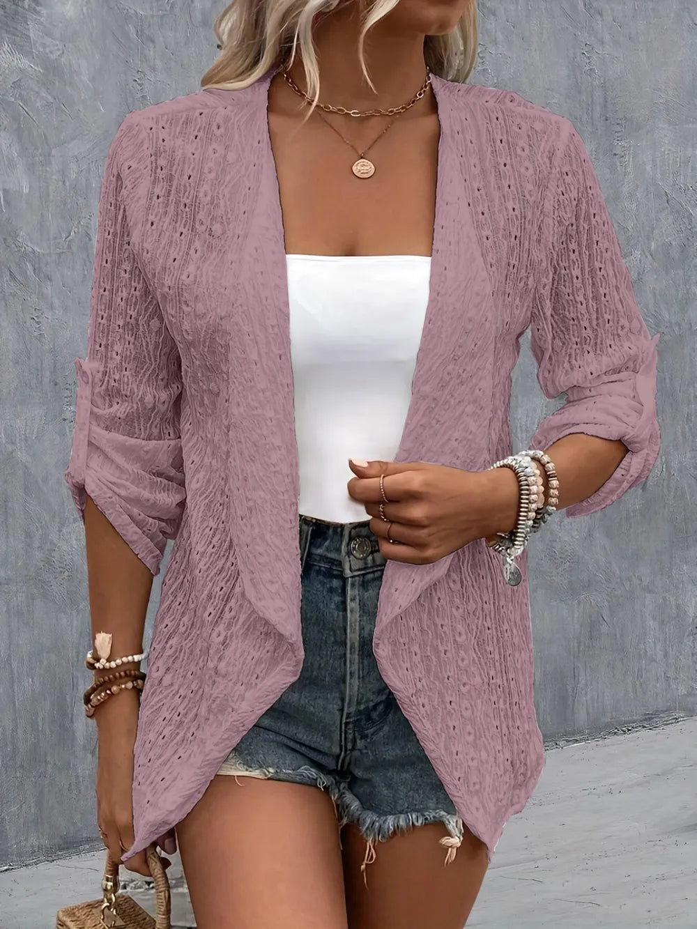 Brigid Eyelet Roll-Tab Sleeve Cardigan — view 10
