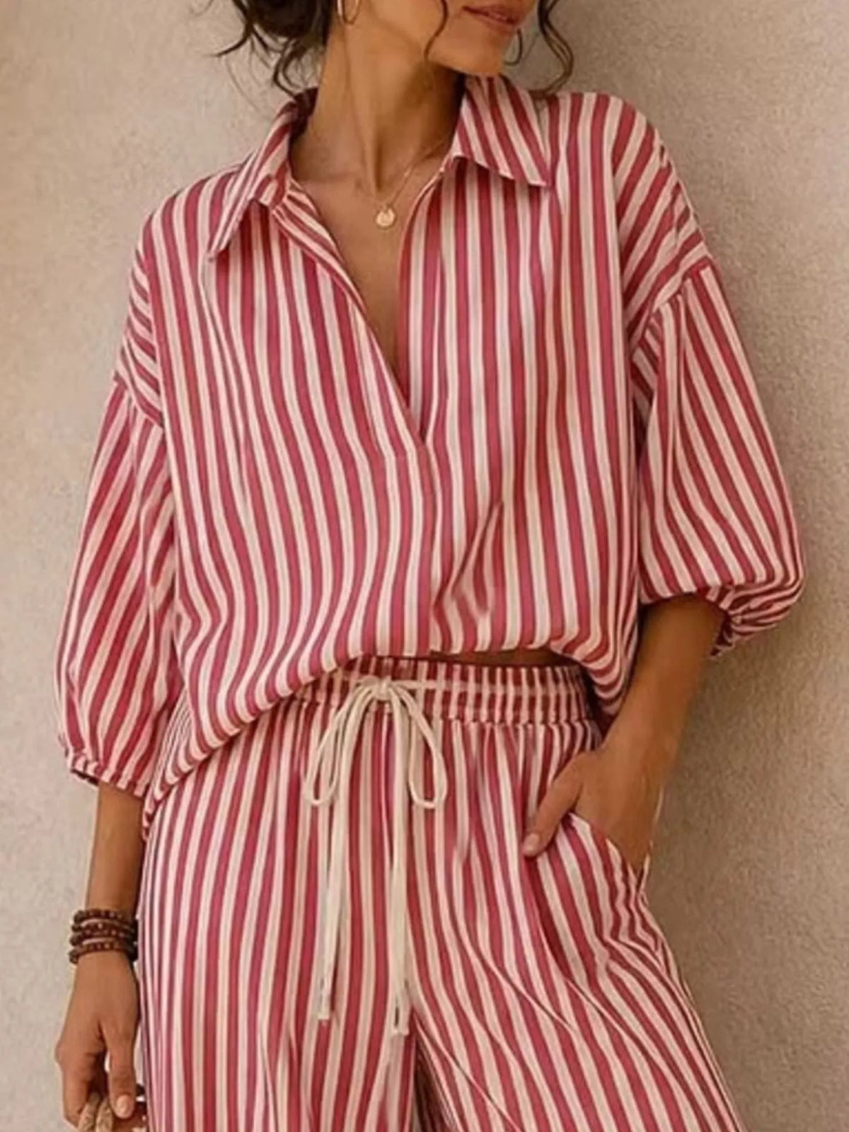 Gaia Striped Puff Sleeve Shirt and Wide-Leg Drawstring Pants Set — view 8