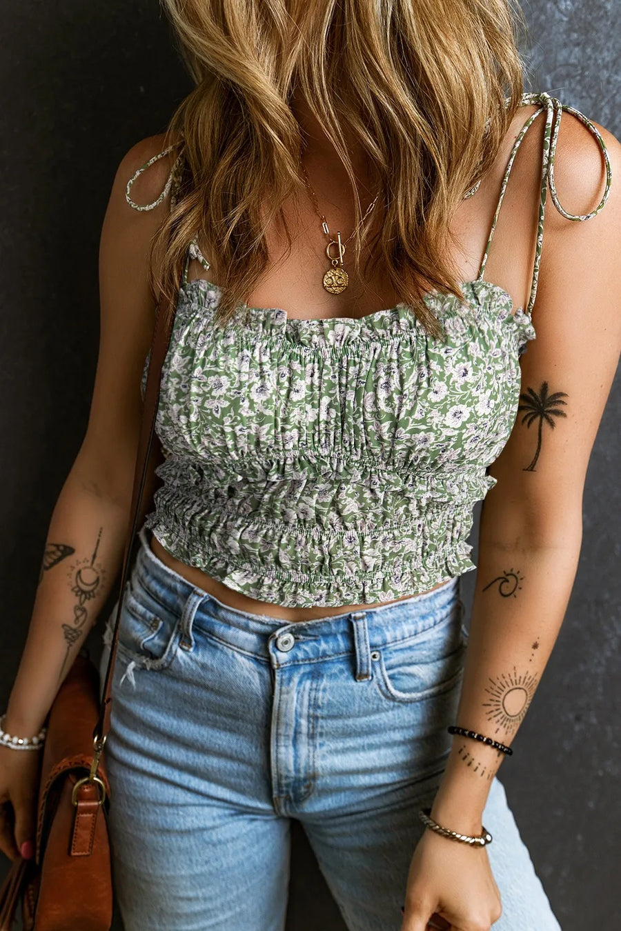 Iris Tied Smocked Printed Square Neck Cami styled in the studio