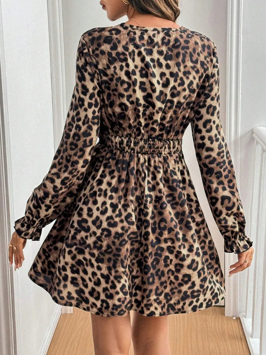 Morrigan Lace Detail Leopard Flounce Sleeve Mini Dress styled in the studio