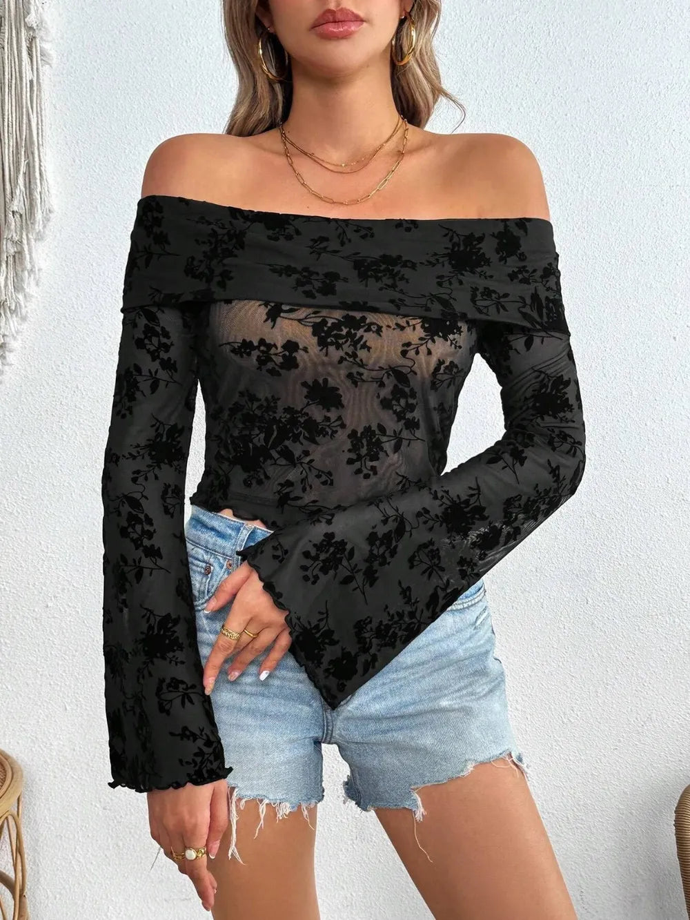 Nyx Off-Shoulder Flare Sleeve Lace Top — view 4