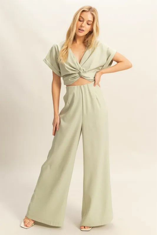 Lakshmi Twisted Front Short Sleeve Top and Wide Leg Pants Set — view 1