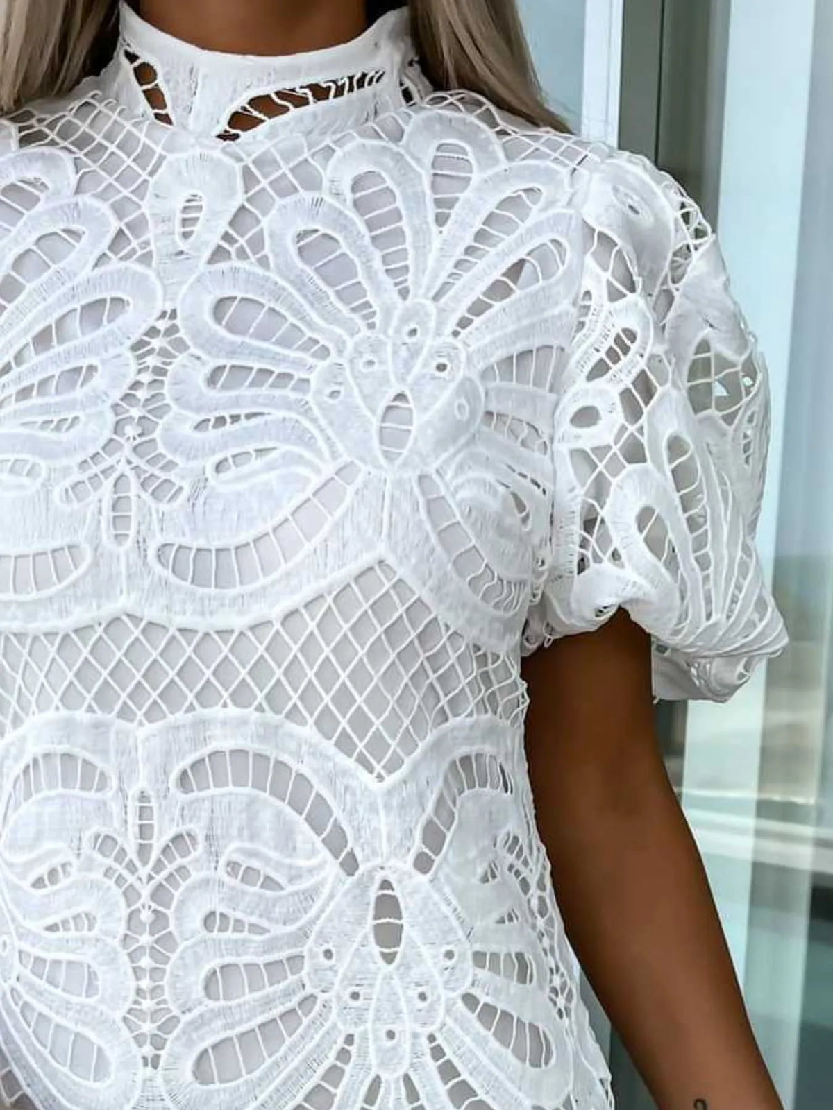 Selene Lace Mock Neck Puff Sleeve Dress — view 3