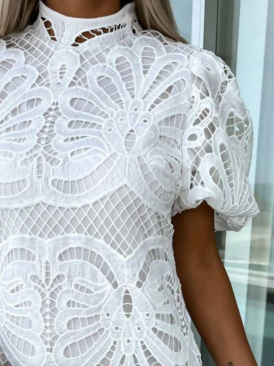 Selene Lace Mock Neck Puff Sleeve Dress styled in the studio