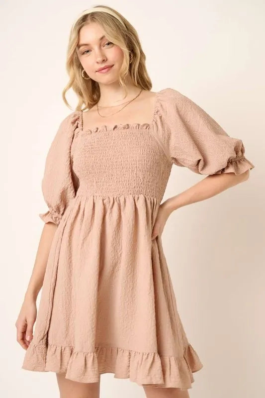 Aurora Smocked Ruffled Hem Half Sleeve Mini Dress — view 1