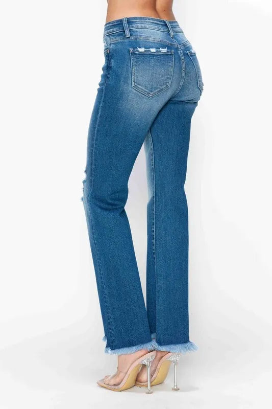 Artemis Raw Hem Distressed Mid Rise Straight Jeans — view 7