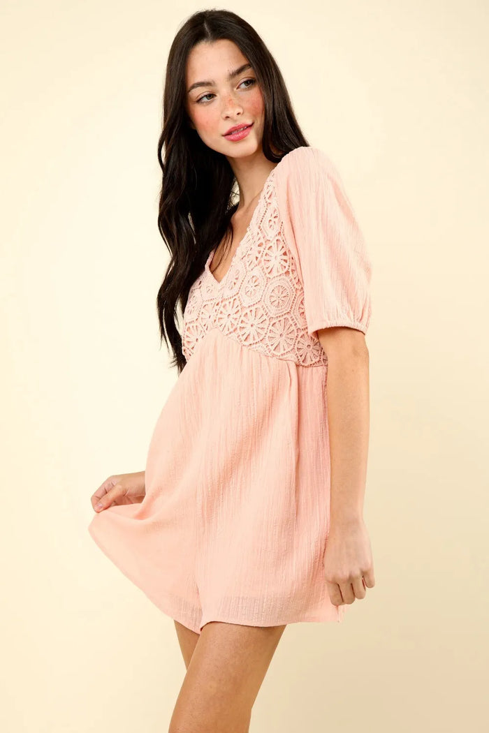 Venus Lace Detail Puff Sleeve Romper with Pockets