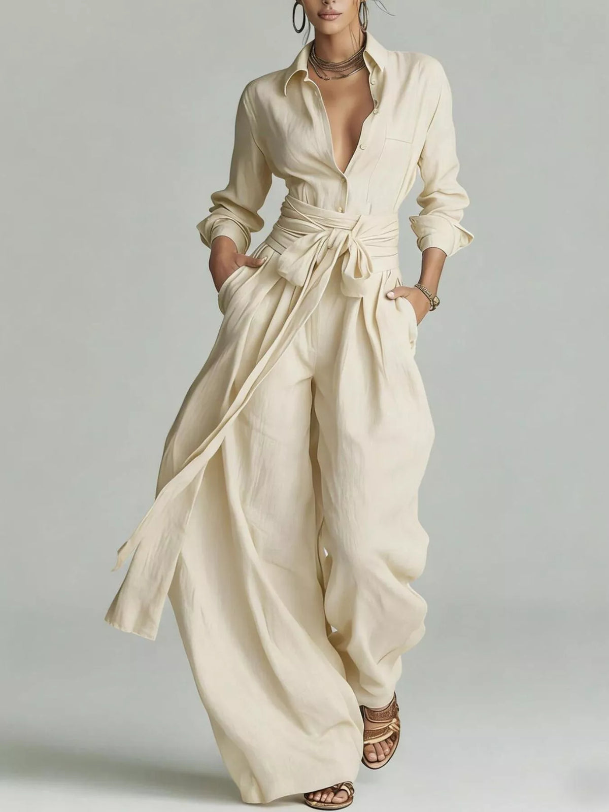 Hera Long-Sleeve Button-Down Waist-Tie Jumpsuit — view 6