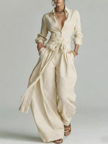 Hera Long-Sleeve Button-Down Waist-Tie Jumpsuit — thumbnail 6