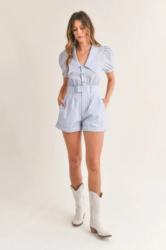 Ishtar Striped Puff Sleeve Collared Neck Romper — view 8