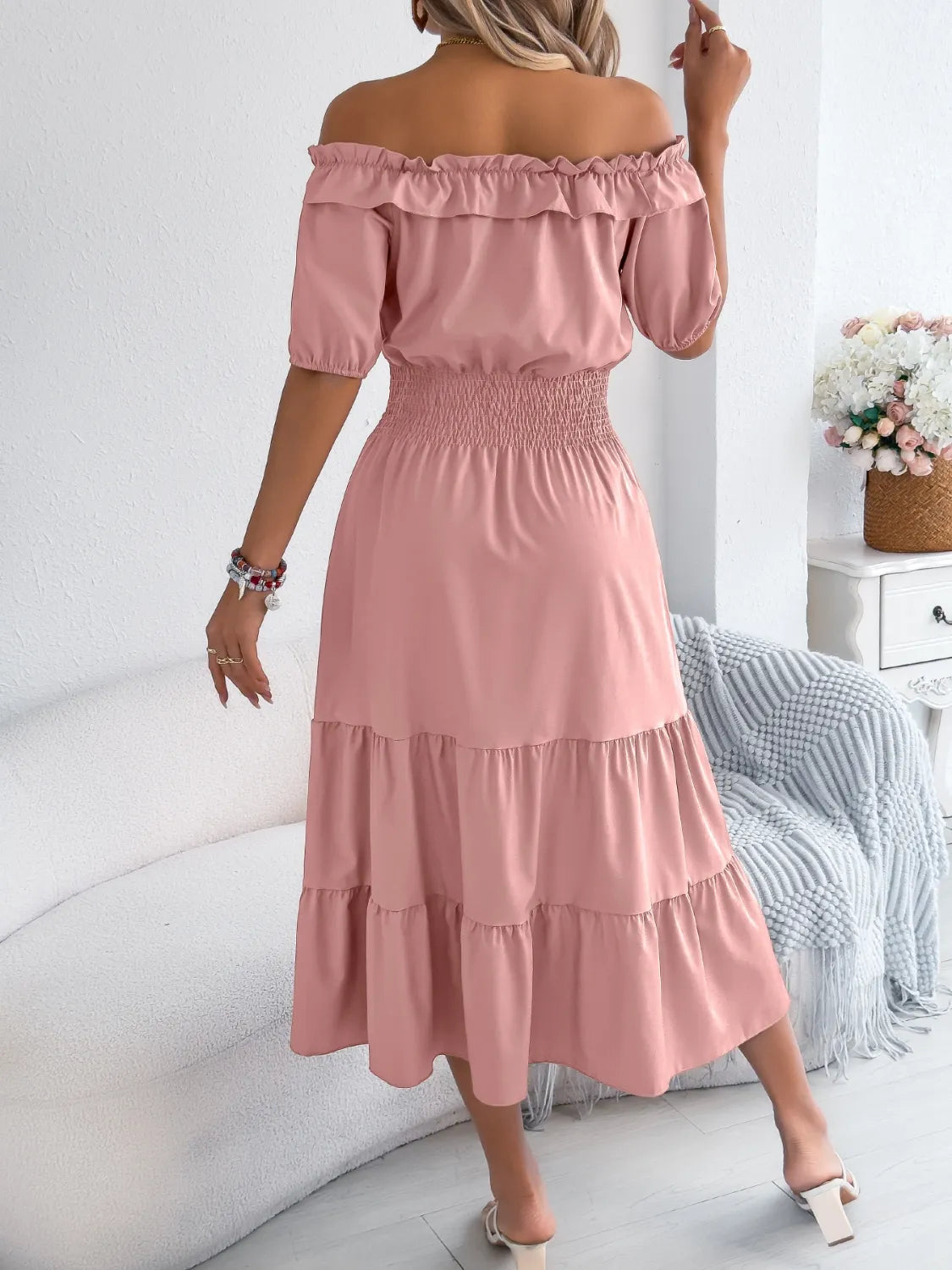 Venus Smocked Off-Shoulder Tiered Dress — view 5