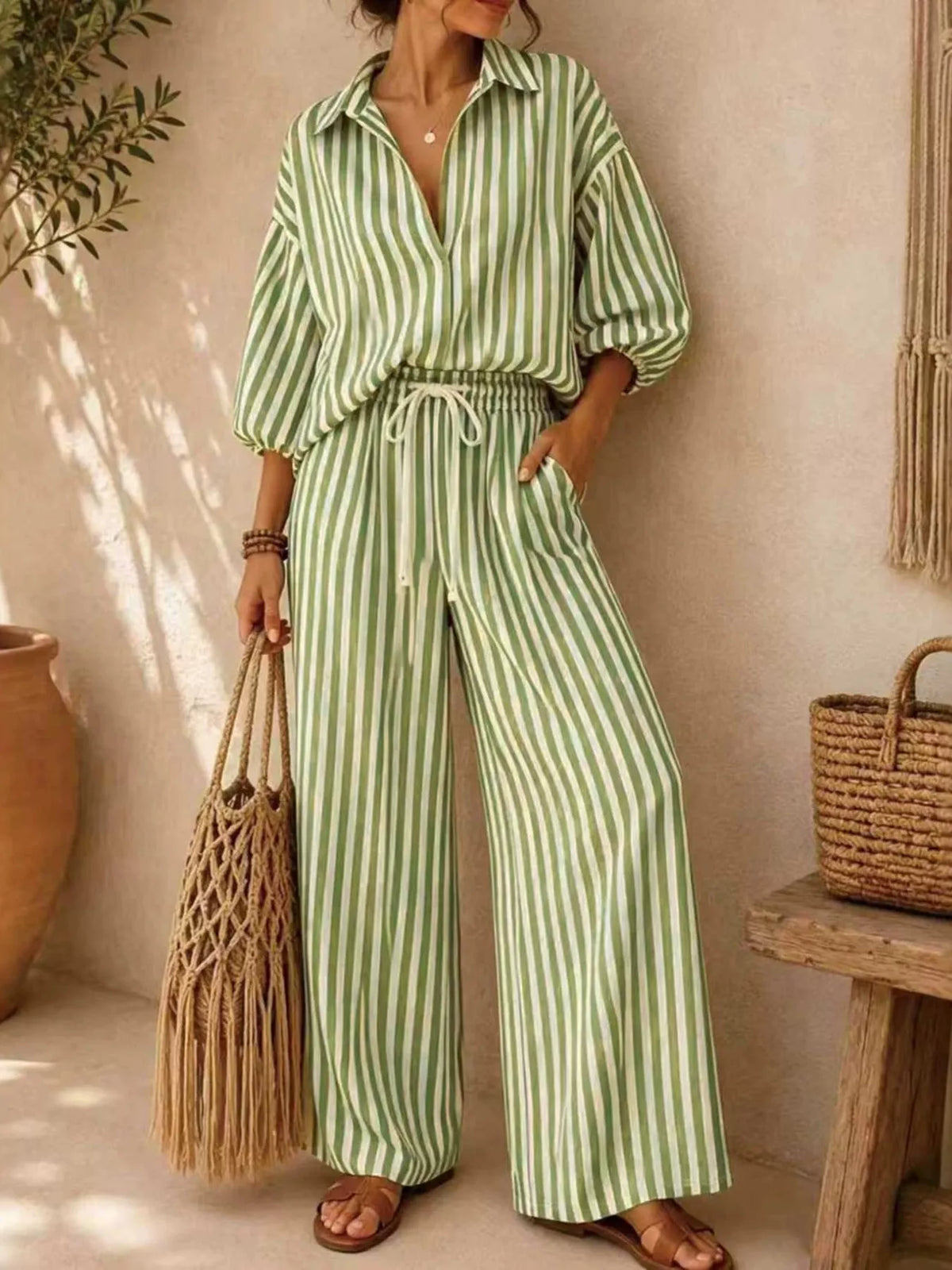 Gaia Striped Puff Sleeve Shirt and Wide-Leg Drawstring Pants Set — view 13