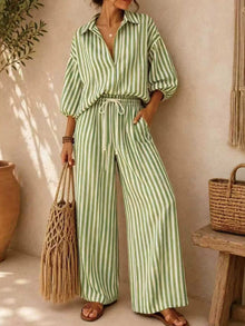 Gaia Striped Puff Sleeve Shirt and Wide-Leg Drawstring Pants Set — thumbnail 13