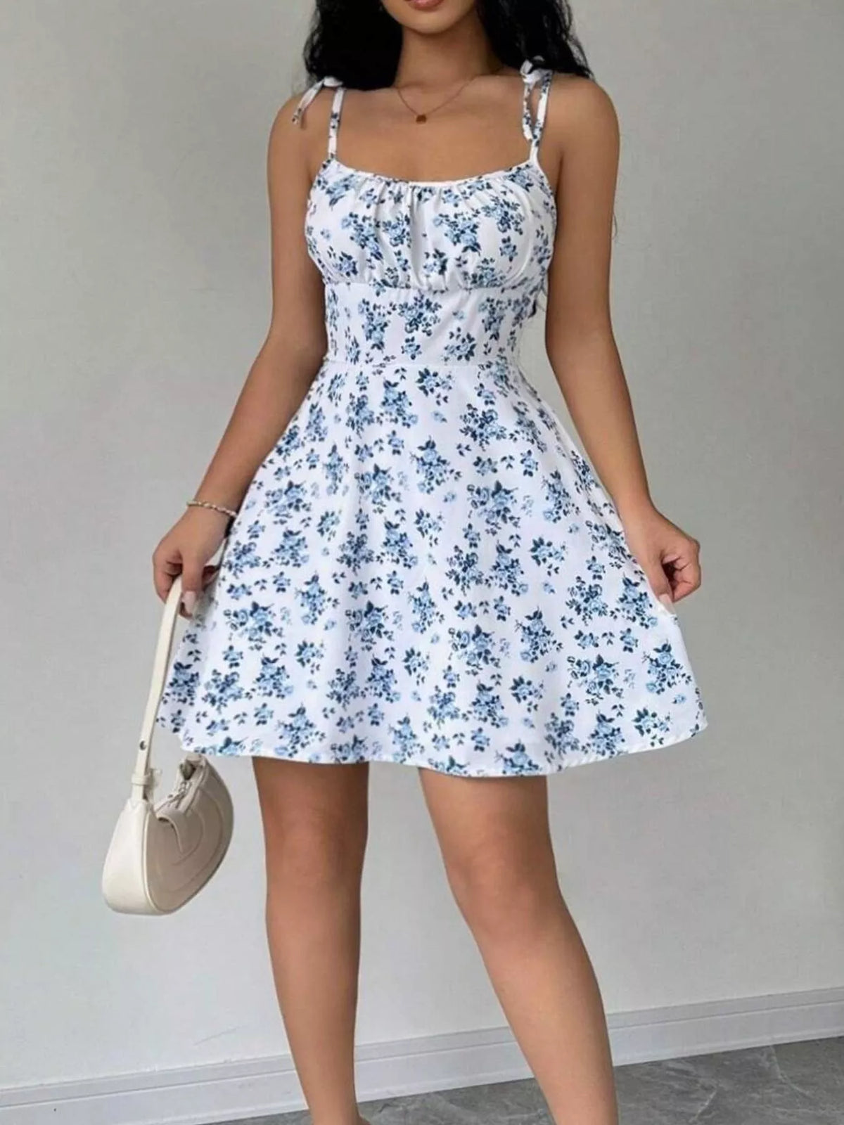 Olwen Floral Print Spaghetti Strap A-Line Mini Dress — view 3