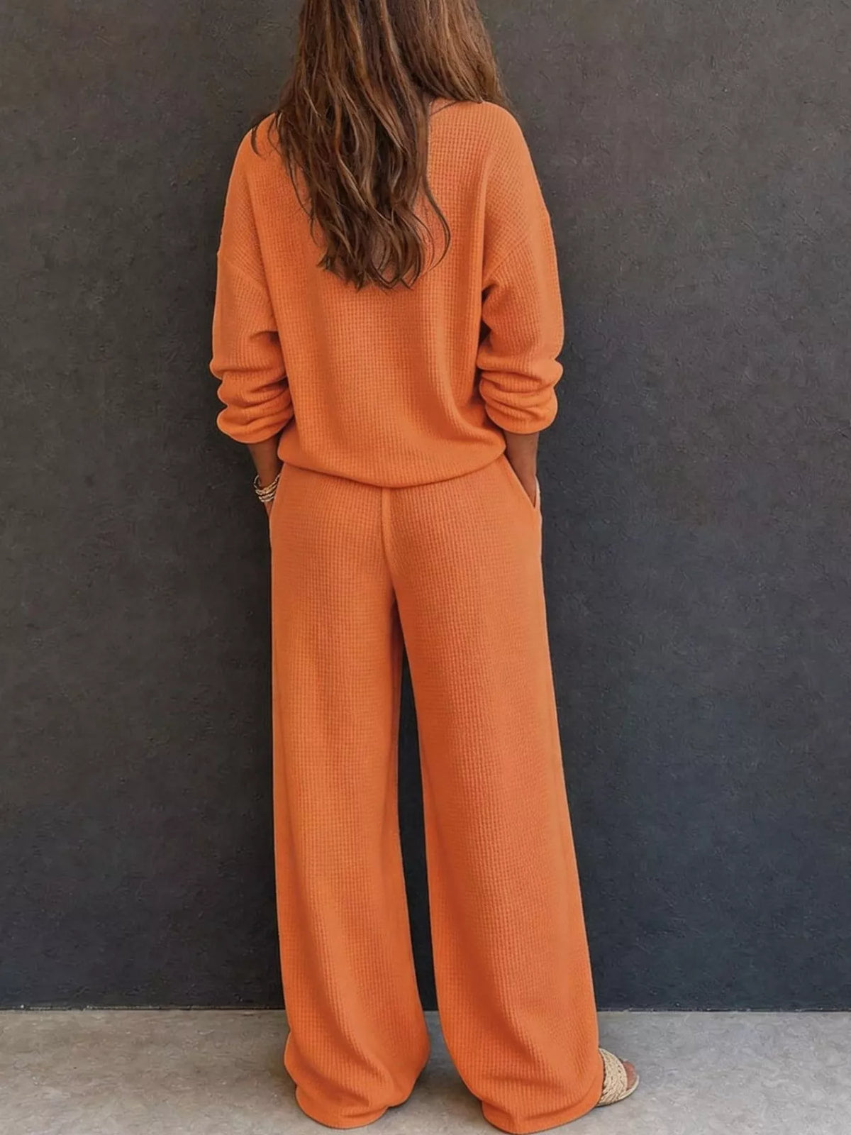 Selene Waffle Knit Henley Top and Wide Leg Pants Set — view 18