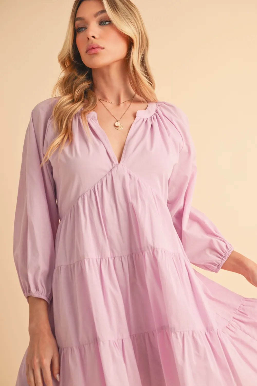 Inanna Aemi + Co Notched Balloon Sleeve Tiered Mini Dress — view 4