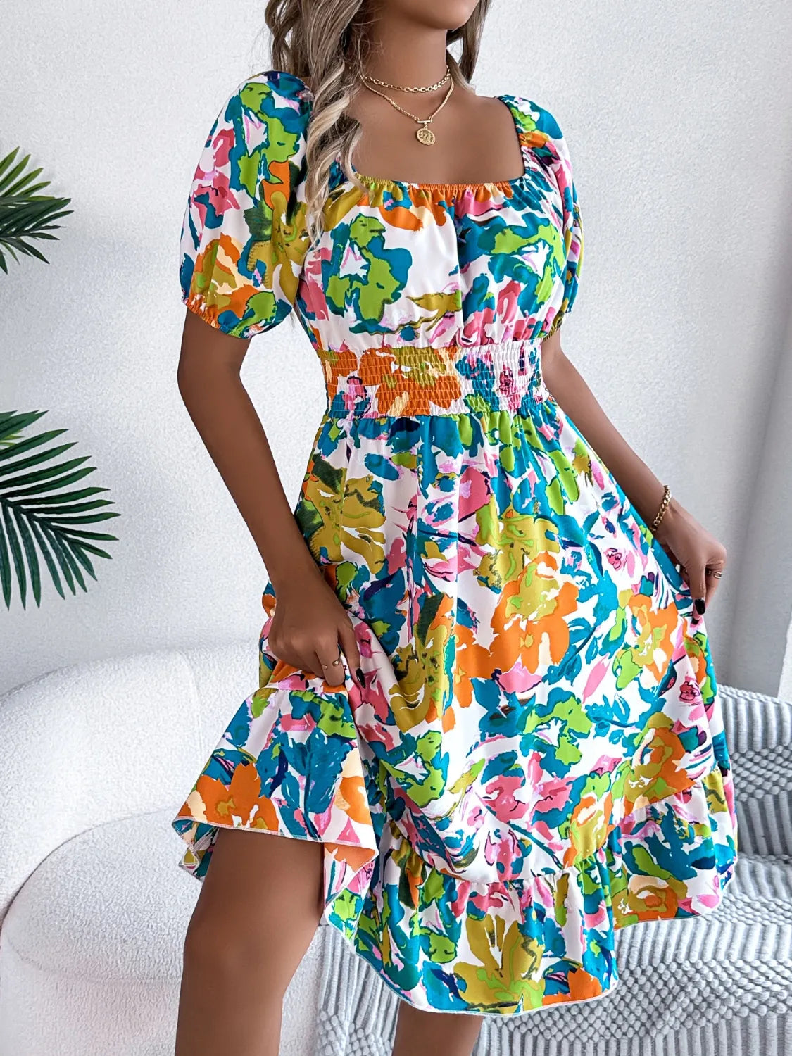 Venus Ruffled Hem Smocked Floral Short Sleeve Midi Dress — view 10
