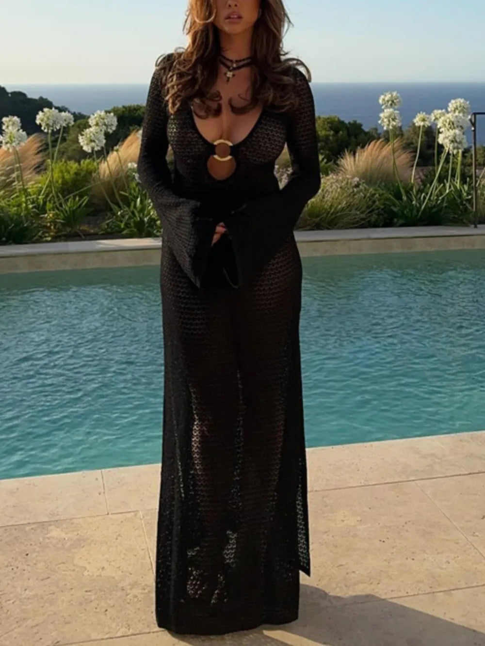Kali Slit Plunge Flare Sleeve Cover-Up Dress — view 11