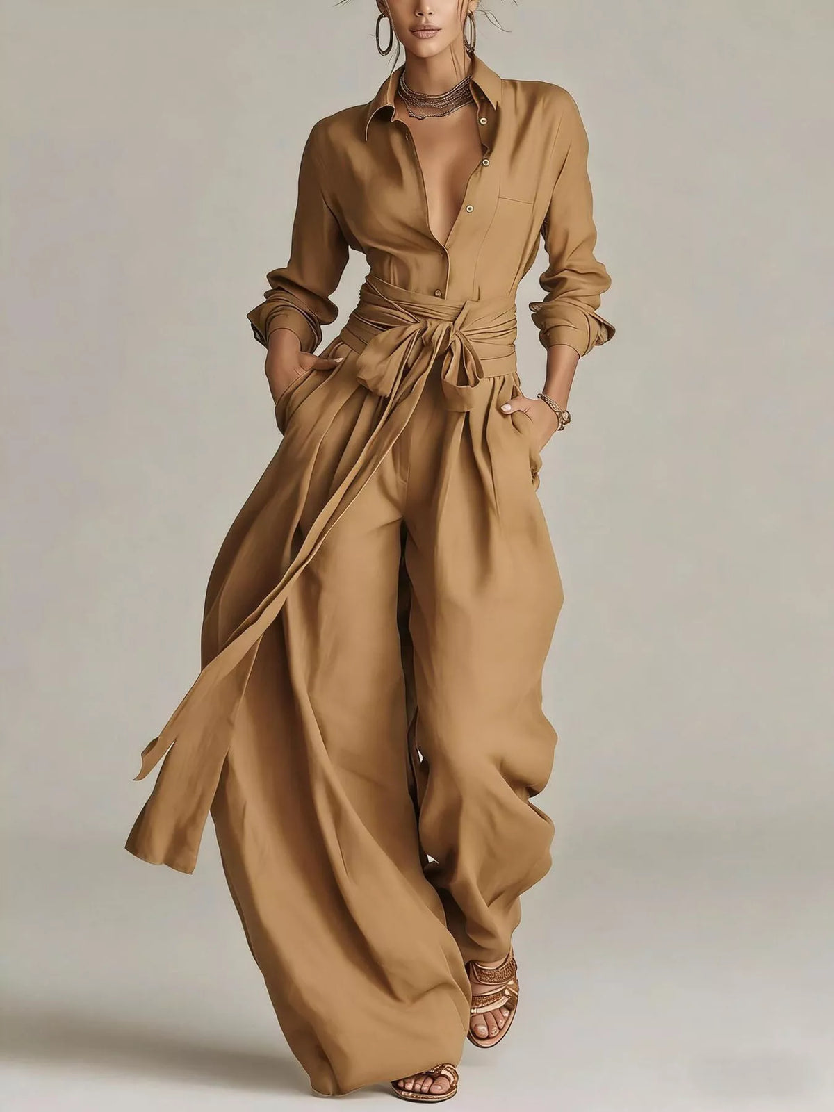 Hera Long-Sleeve Button-Down Waist-Tie Jumpsuit — view 12