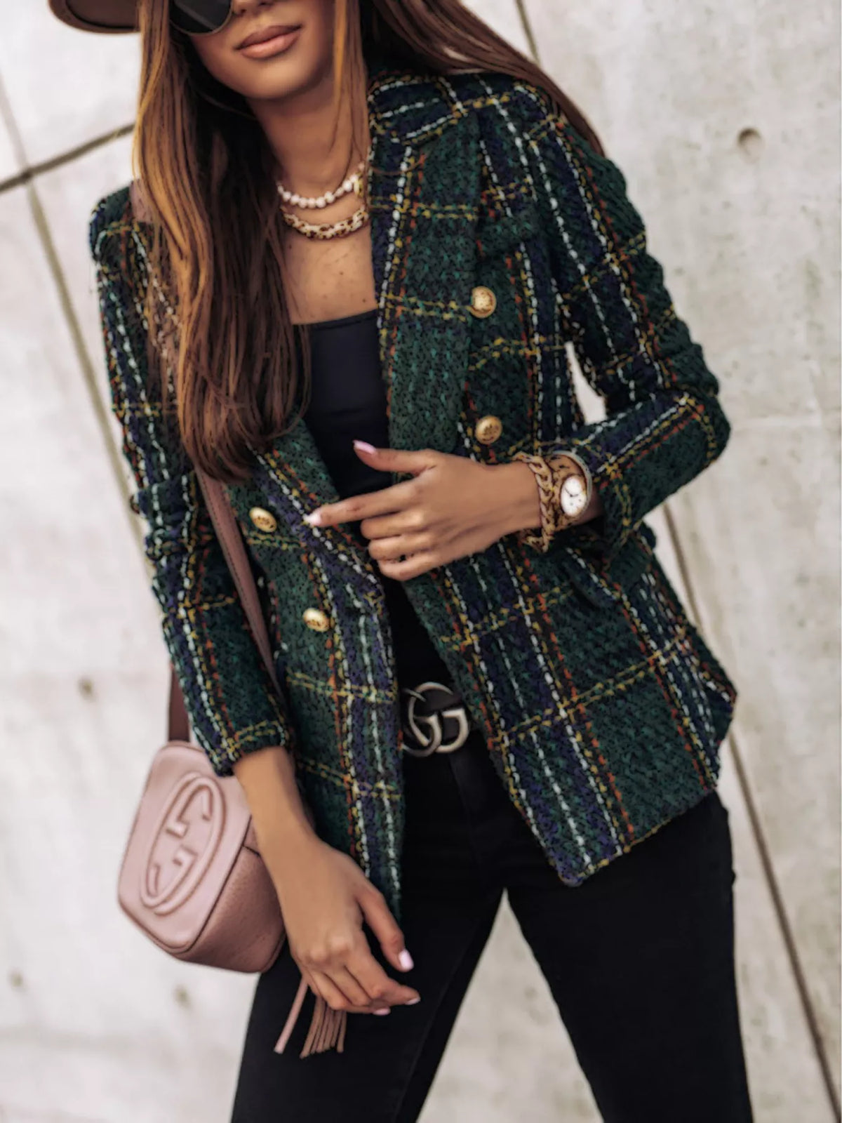 Athena Plaid Tweed Double-Breasted Blazer — view 7