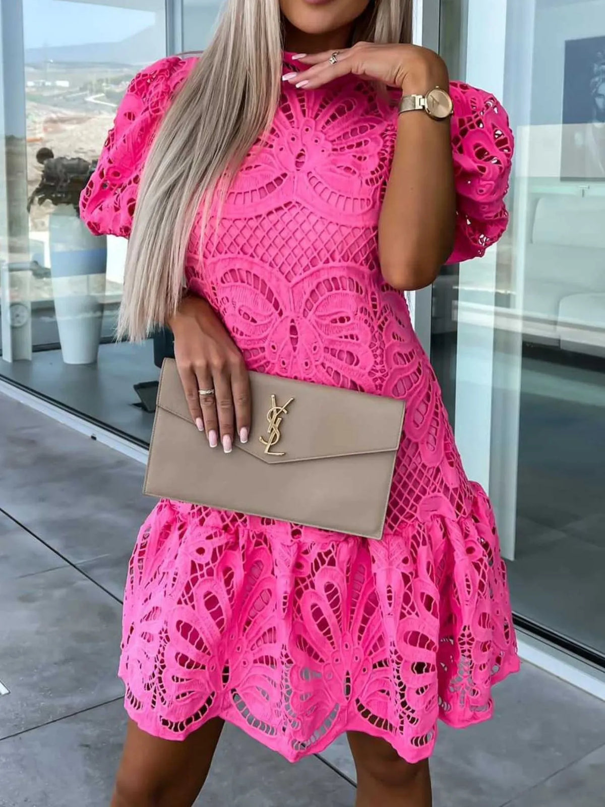 Selene Lace Mock Neck Puff Sleeve Dress — view 5