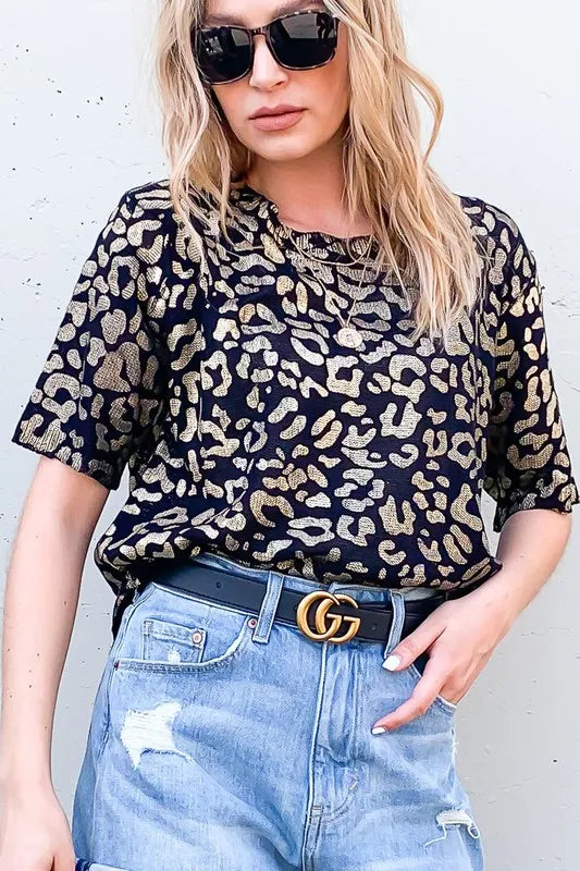 Fortuna Leopard Foil Printed Half Sleeve Summer Sweater