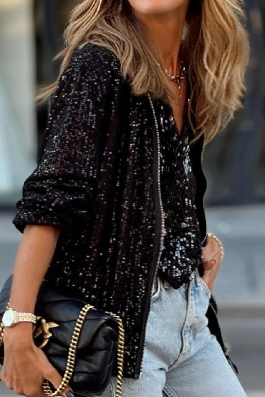 Asteria Sequin Zip Up Long Sleeve Jacket styled in the studio
