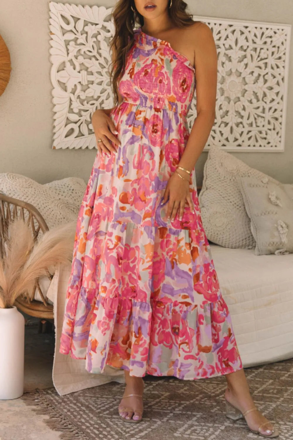 Persephone Floral Print Shirred One Shoulder Maxi Dress — view 3