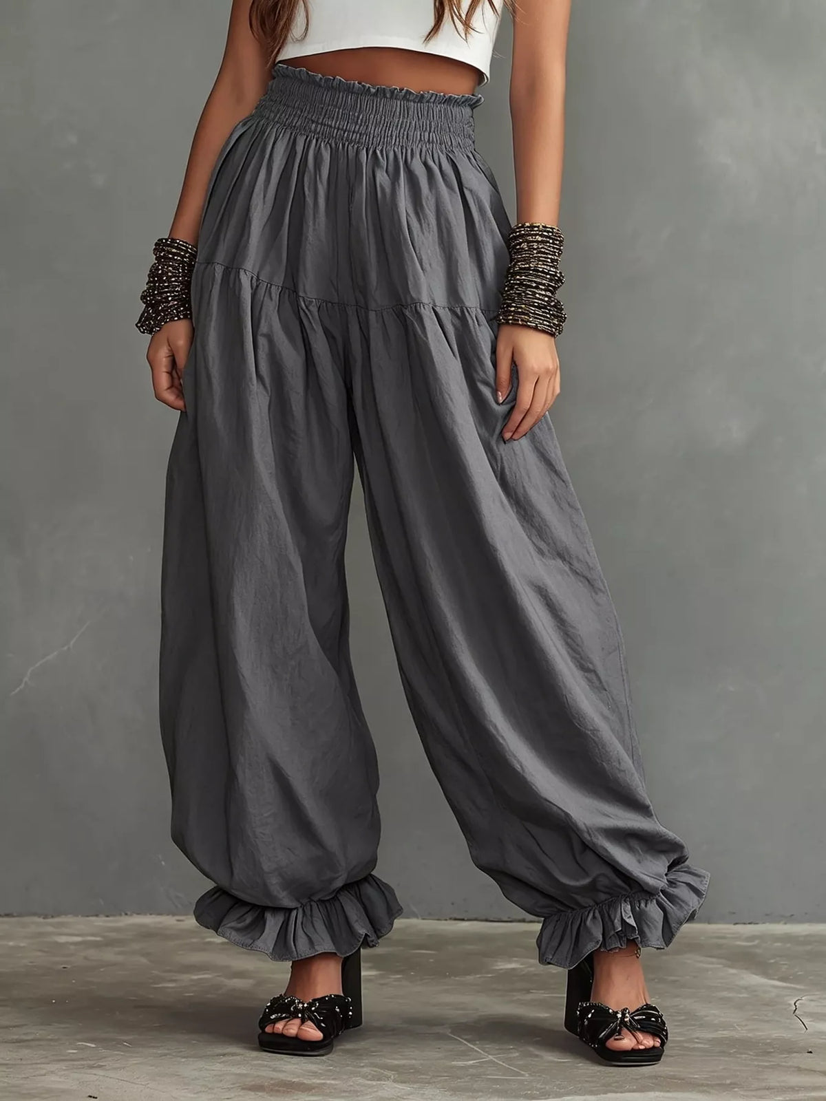 Bastet Smocked Ruffle Hem Wide Leg Pants — view 10