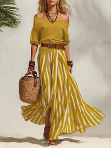 Isis Off Shoulder Top and Striped Maxi Skirt Set with Belt — thumbnail 12