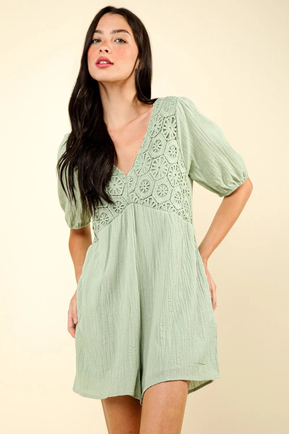 Aphrodite Lace Detail Puff Sleeve Romper with Pockets — view 1