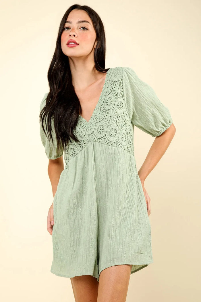 Aphrodite Lace Detail Puff Sleeve Romper with Pockets