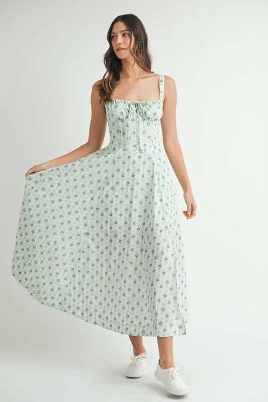 Olwen Floral Print Bustier Back Lace Up Midi Dress — view 14