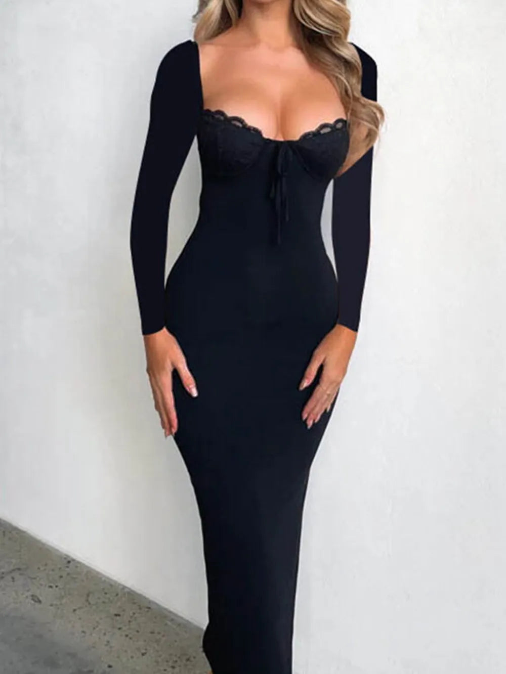 Morrigan Slit Lace Detail Sweetheart Neck Long Sleeve Maxi Dress — view 6
