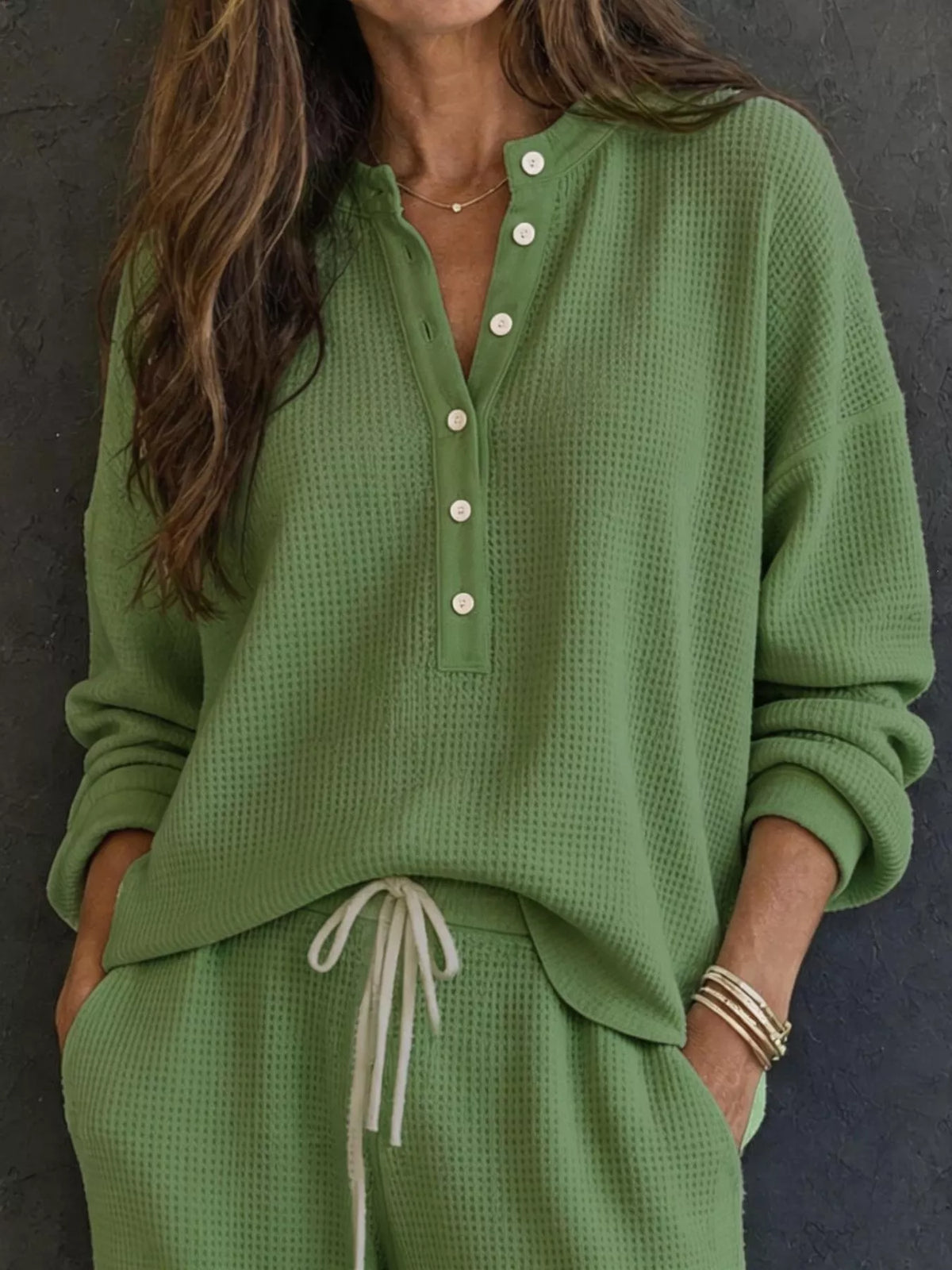 Selene Waffle Knit Henley Top and Wide Leg Pants Set — view 14