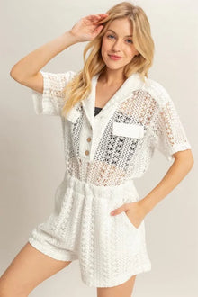 Brigid Crochet Button Front Short Sleeve Romper — thumbnail 3