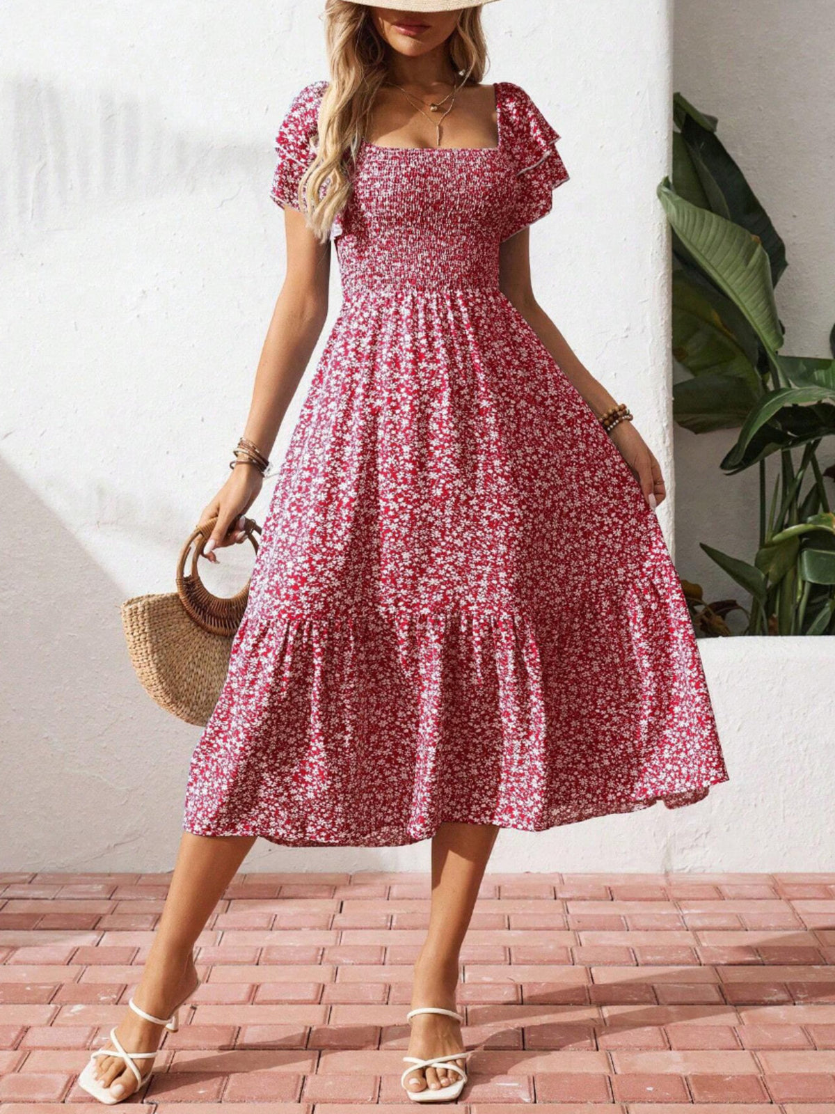 Persephone Floral Print Smocked Ruffle Sleeves Dress — view 23